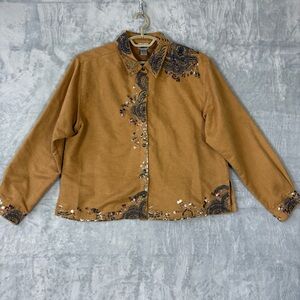 CHICOS Shirt Jacket Size 2  Embroidered Beaded embellishments Suede Button Up